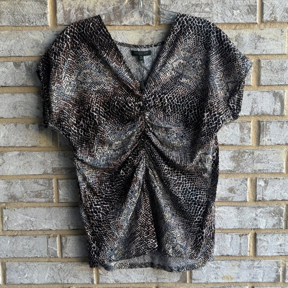 For Cynthia Short Sleeve Animal Print Linen Blend V-Neck Blouse Size S Petite